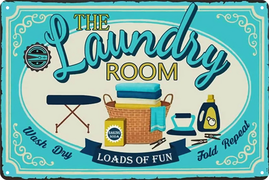 The Laundry Room Loads Of Fun Wash Day Fold Repeat Tin Sign Retro 20x30cm