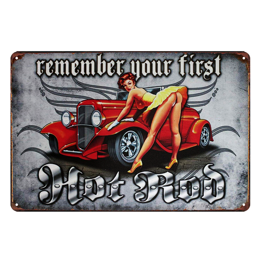 2x Hot Rod Sexy Girl Pip-up Rustic Tin Sign Vintage Garage Remember Your First