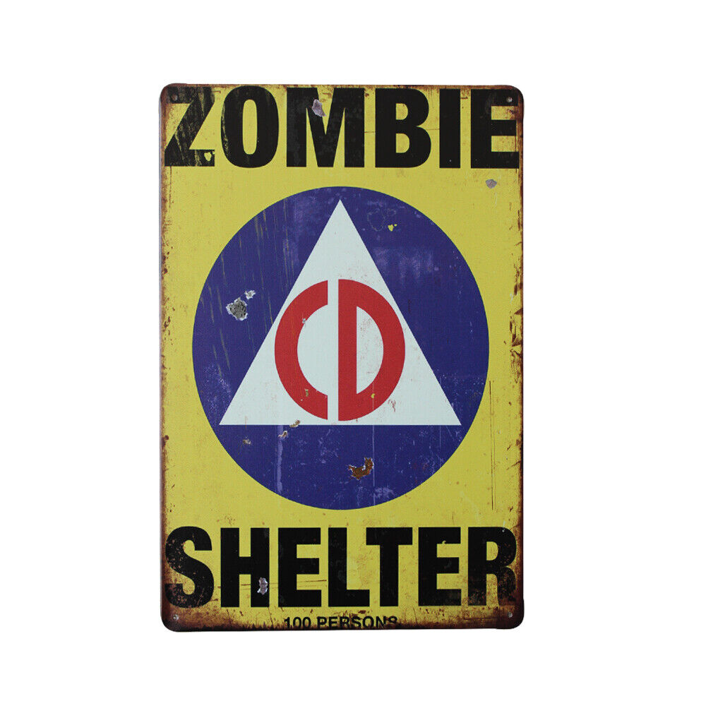 Tin Sign Zombie Shelter Sign Yellow