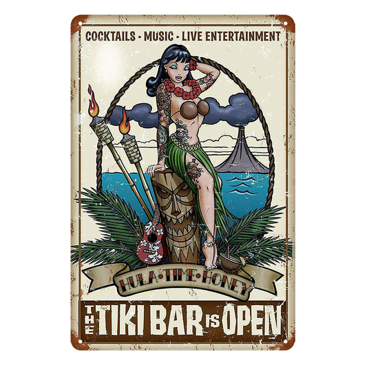 Pin Up Girl Tiki Bar Hula The Money Rustic Metal Sign Vintage Tin