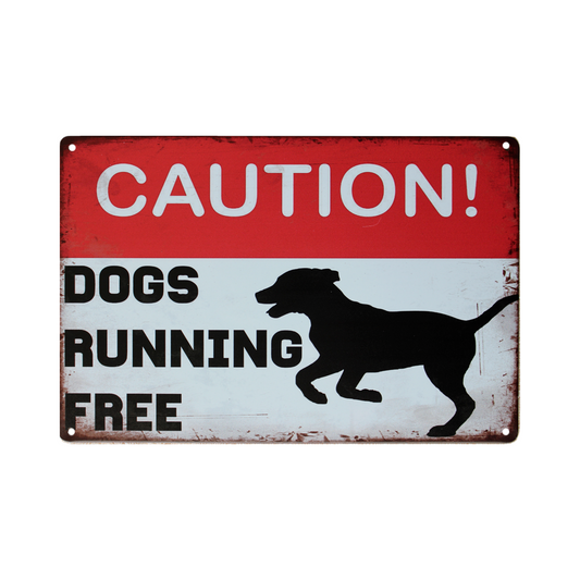 Tin Sign Caution Dogs Running Free Dog Warning Rustic Decorative Vintage