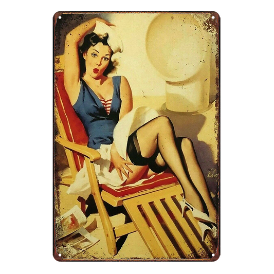 Beautiful Nurse Lady Sitting Pin Up Tin Metal Sign Rustic Look Vintage