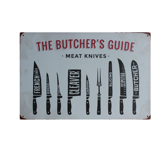 Metal Tin Sign The Butcher's Guide Meat Knives 200x300mm Man Cave