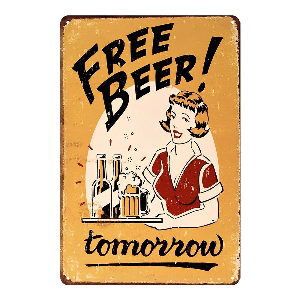 Free Beer Tomorrow Sexy Lady Drinking Funny Tin Sign Vintage
