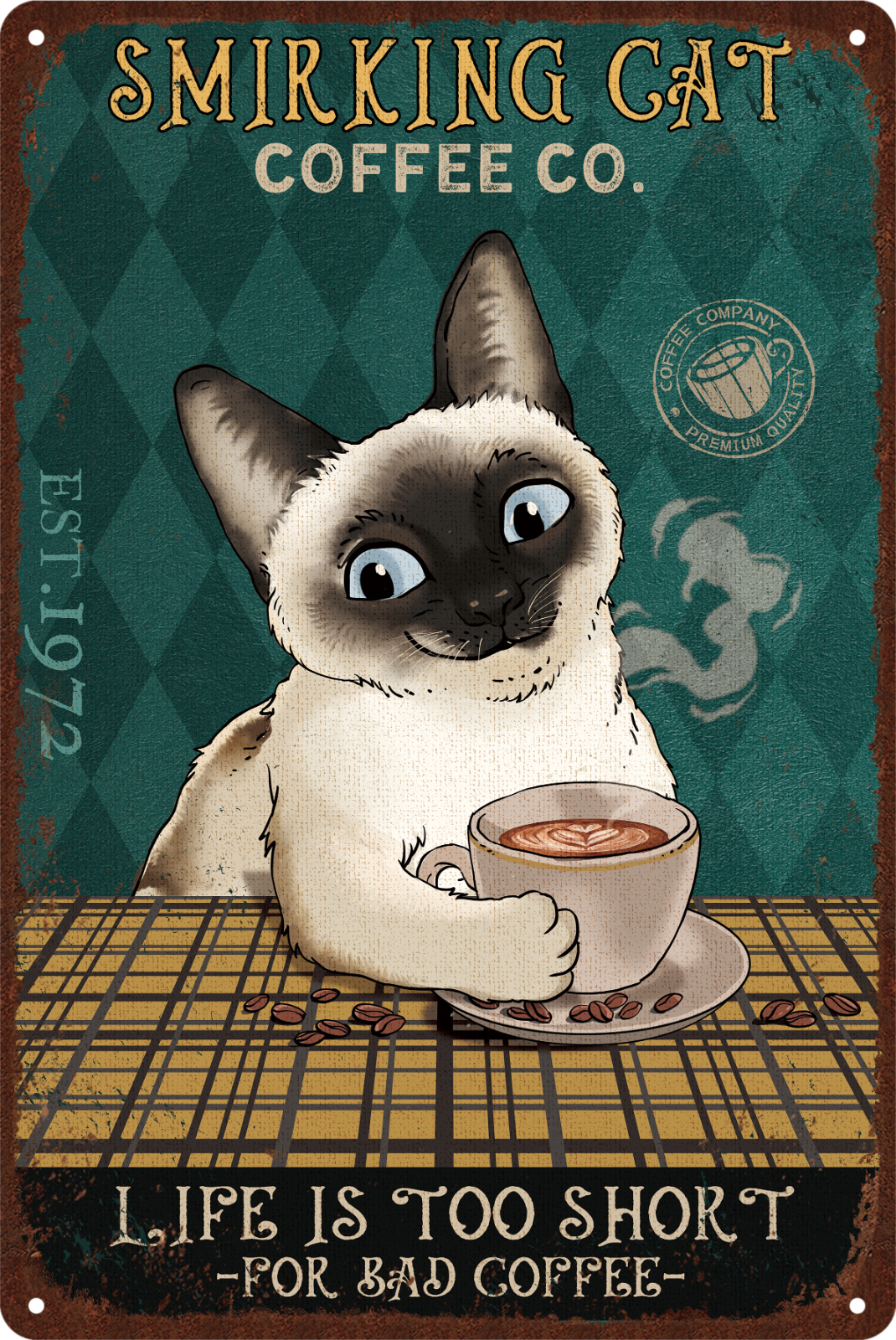 Tin Sign Smirking Cat Coffee Co. Drink Rustic Look Vintage Retro 20x30cm