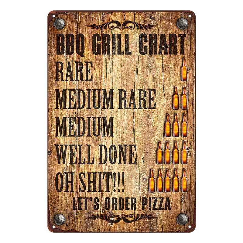 Tin Metal Sign BBQ Grill Chart Beer Bar Drink Pizza 20x30cm Rustic Vintage