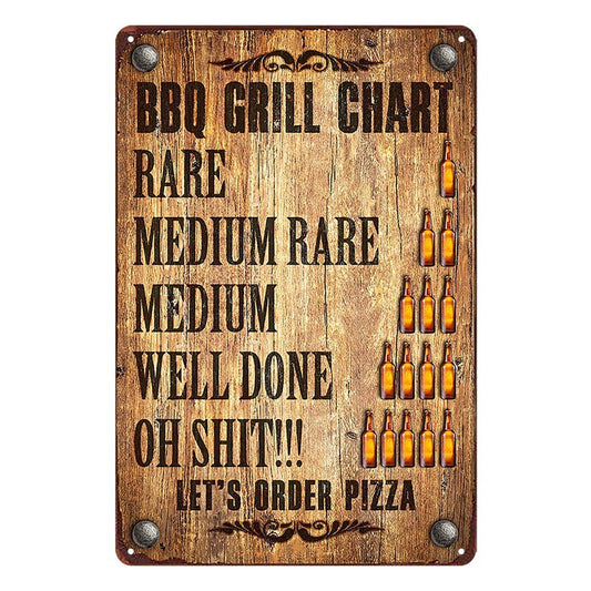 Tin Metal Sign BBQ Grill Chart Beer Bar Drink Pizza 20x30cm Rustic Vintage