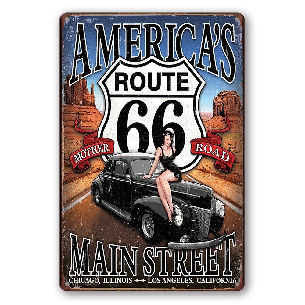 Tin Sign Route 66 Main Street America's Mother Road Rustic Look Decorative