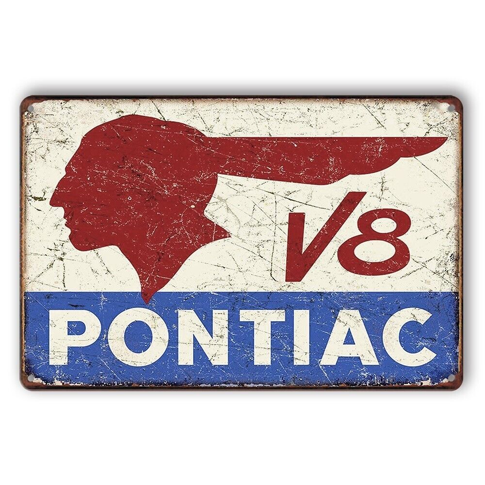 Tin Sign Pontiac V8 Indian Engine Rustic Look Decorative Wall Art