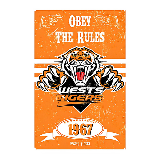 Wests Tigers Nrl Obey The Rules Tin Metal Sign Rustic Look Vintage