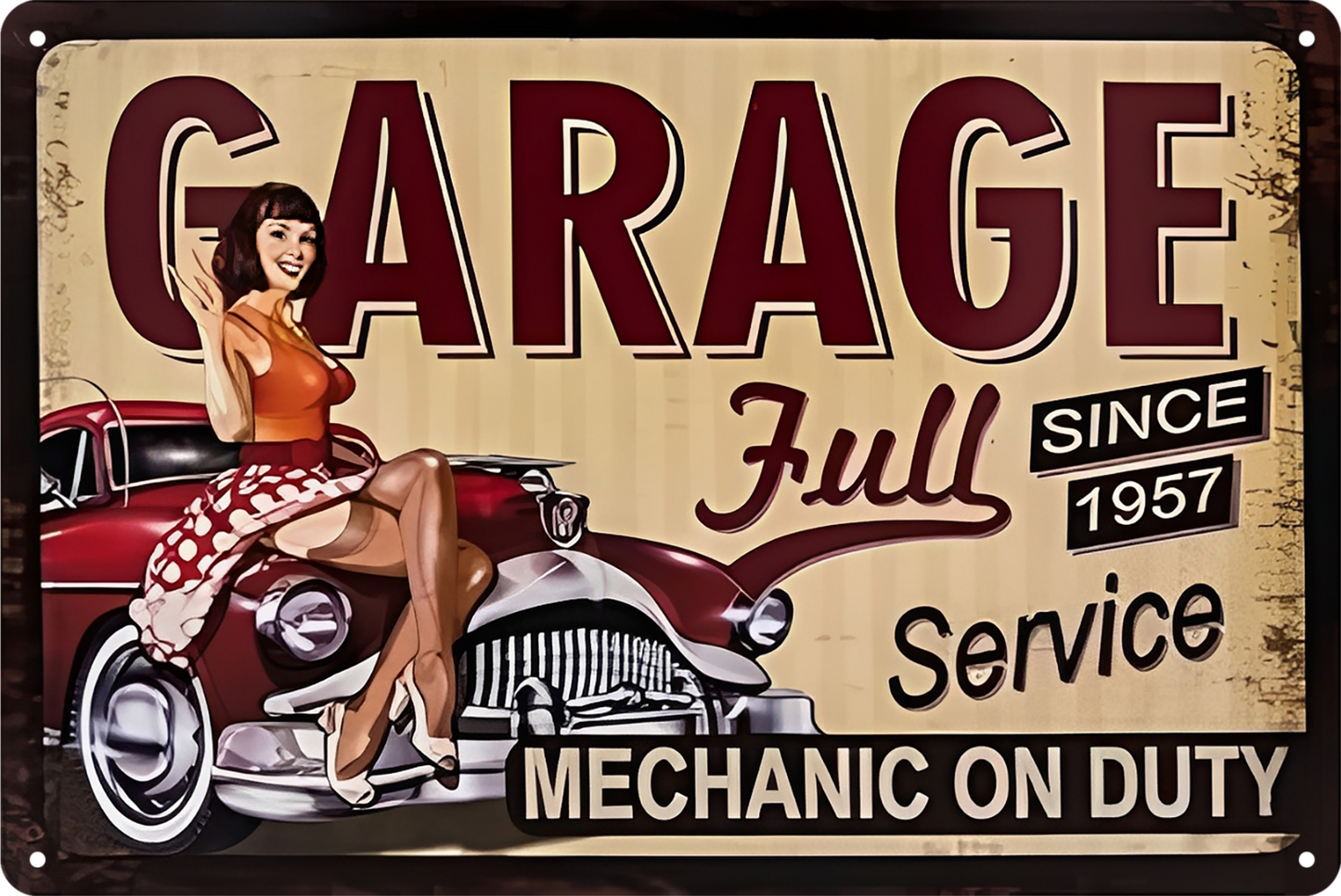 Garage Full Service Since 1957 Mechanic On Duty Pip Up Girl Tin Sign 20x30cm
