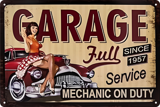 Garage Full Service Since 1957 Mechanic On Duty Pip Up Girl Tin Sign 20x30cm