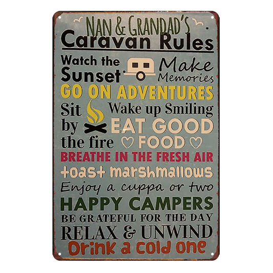 Caravan Rules Happy Campers Drink Relax Unwind Rustic Tin Sign Vintage Garage