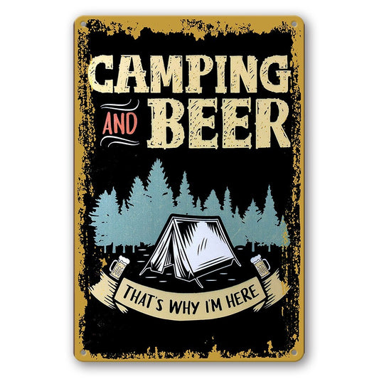 3x Camping And Beer This Way Why I Am Here Rustic Look Decorative Tin Sign
