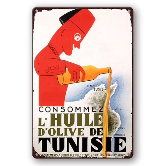 Tin Sign Tunisie Huile Mobil Oil D'olive De Car Rustic Decorative Vintage