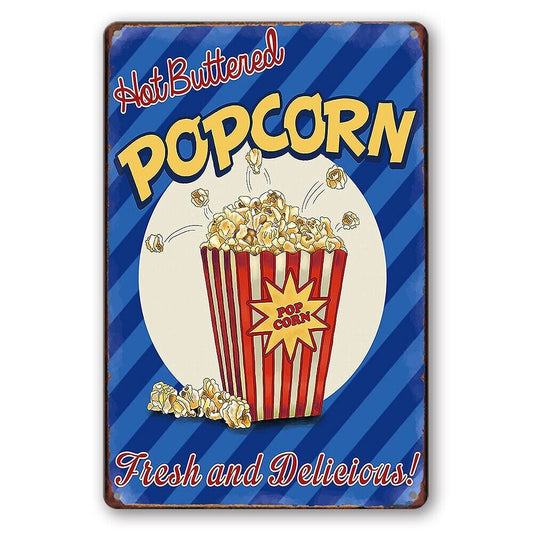 Tin Sign Popcorn Fresh And Delicious Hot Buttered Rustic Look Decorative Mancave