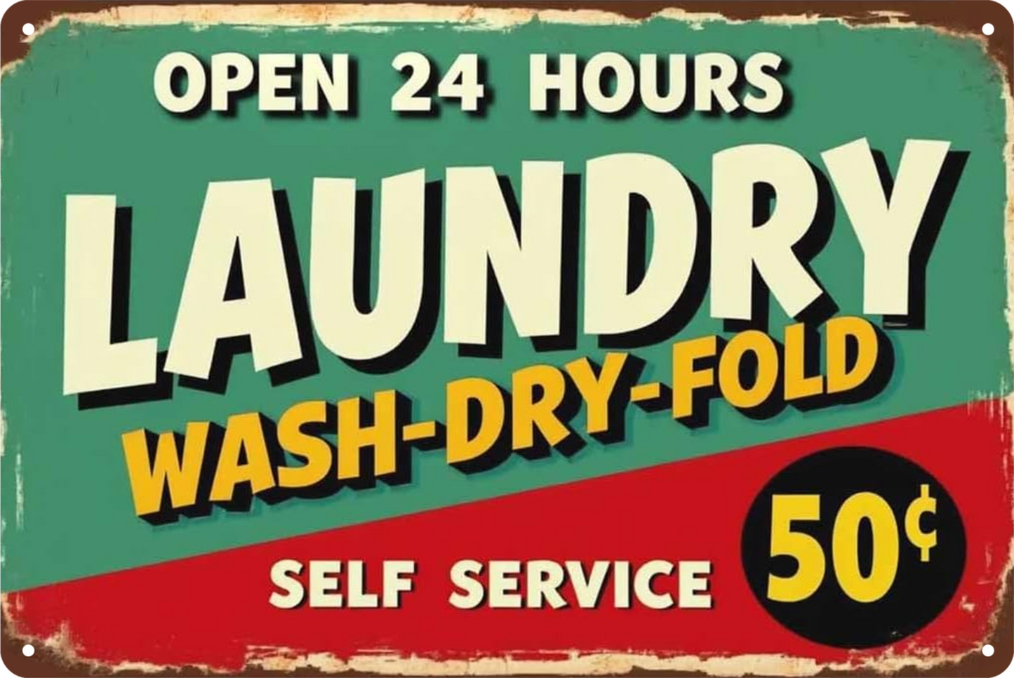 Laundry Wash-dry-fold Self Service Open 24 Hours Tin Sign Retro 20x30cm