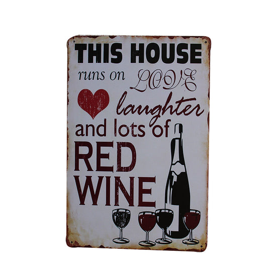 2x Vintage Tin Sign This House Runs On Love Red Wine 200x300mm Cute Metal Retro