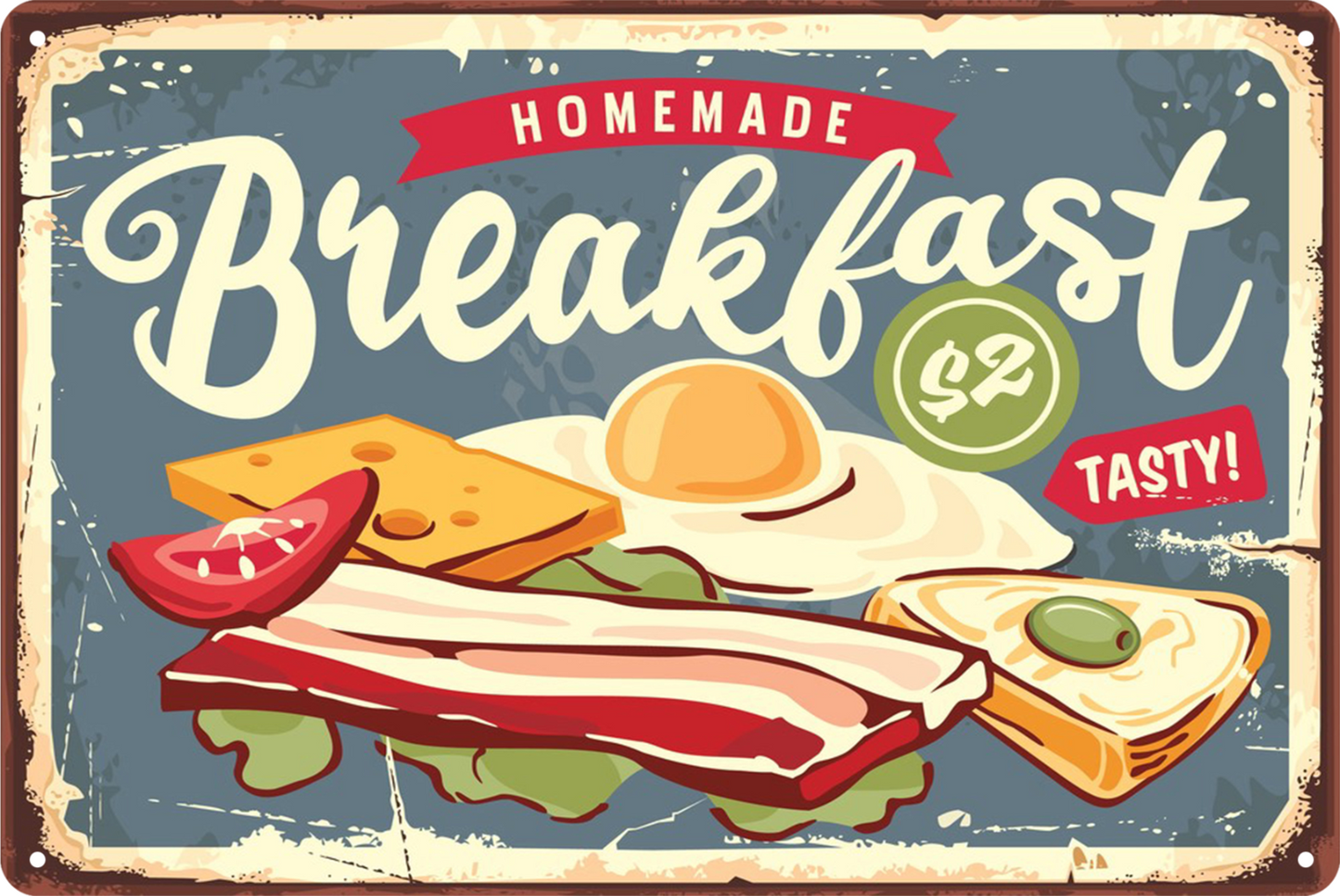 Tin Sign Breakfast Tasty Homemade Ham Fried Eggs Food Retro 20x30cm