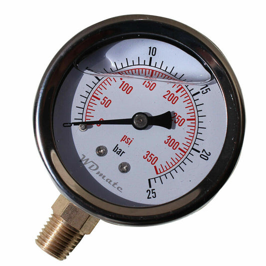 350psi 25bar Liquid Oil Filled Pressure Gauge 63mm 2.5” 1/4″ Bspt Fuel Air Meter
