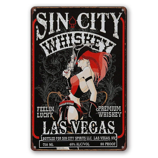 Tin Sign Sin City Whiskey Las Vegas Lucky Proof Rustic Look Decorative Wall Art