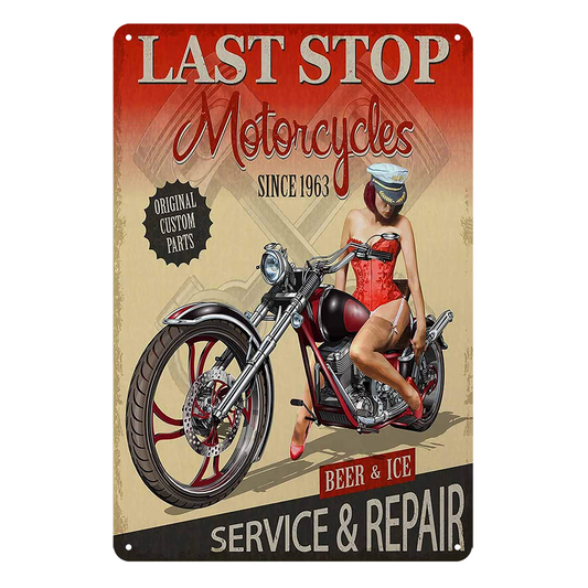 Pin Up Girl Sexy Last Stop Motorcycles Rustic Tin Sign Vintage