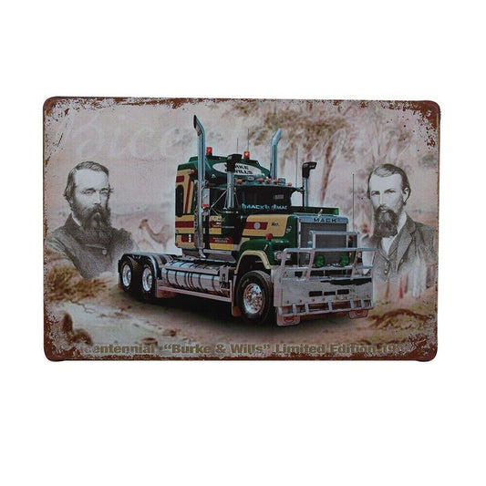 Tin Sign Burke & Wills Mack Bicentennial 1988 Garage Rustic Decorative Vintage