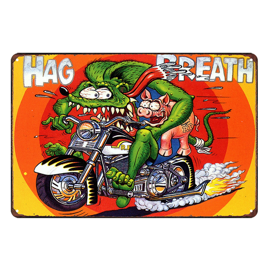 Hag Breath Rat Fink And Hog Tin Metal Sign Rustic Look Vintage