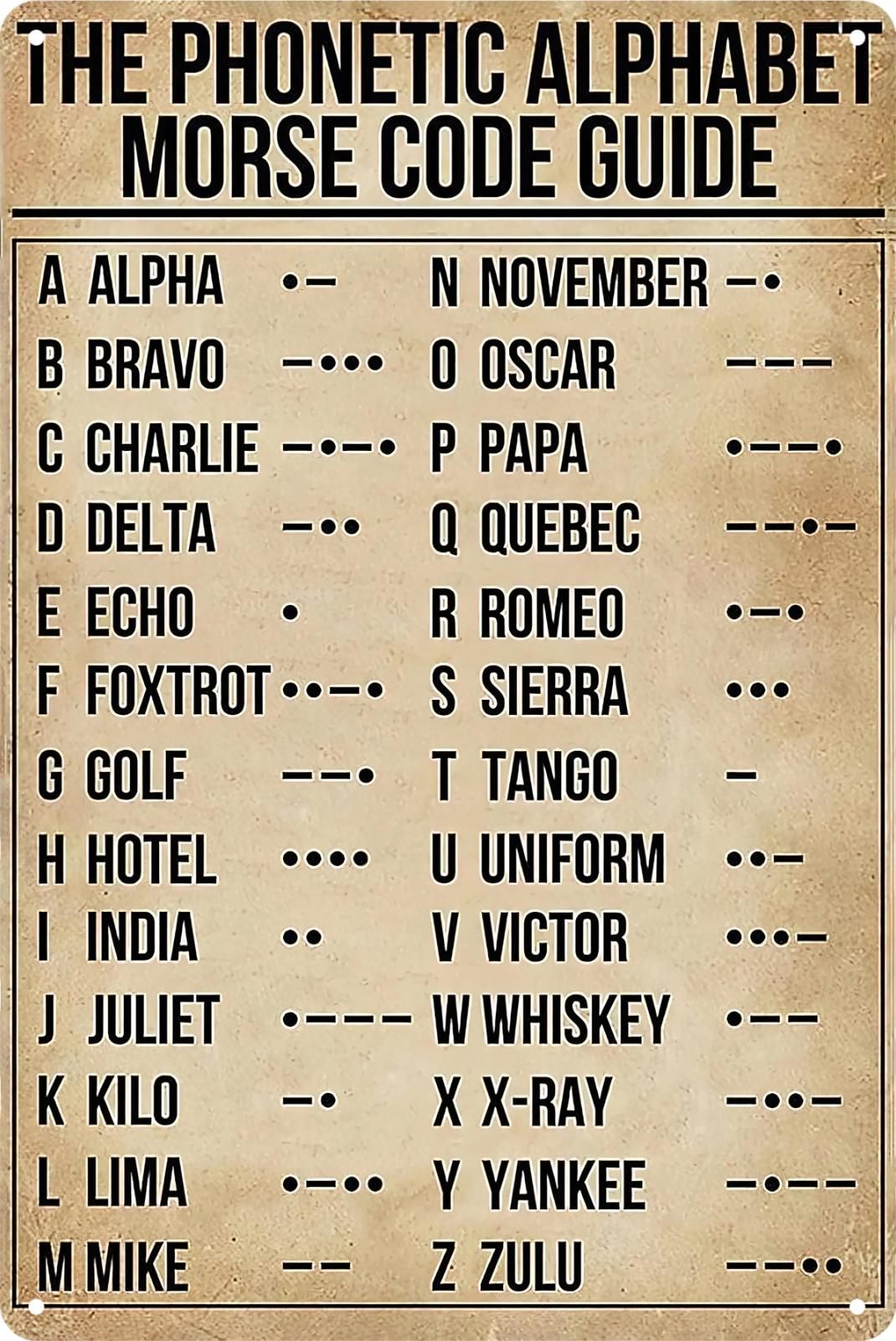 The Phonetic Alphabet Morse Code Guide Tin Sign Rustic Look  Retro 20x30cm