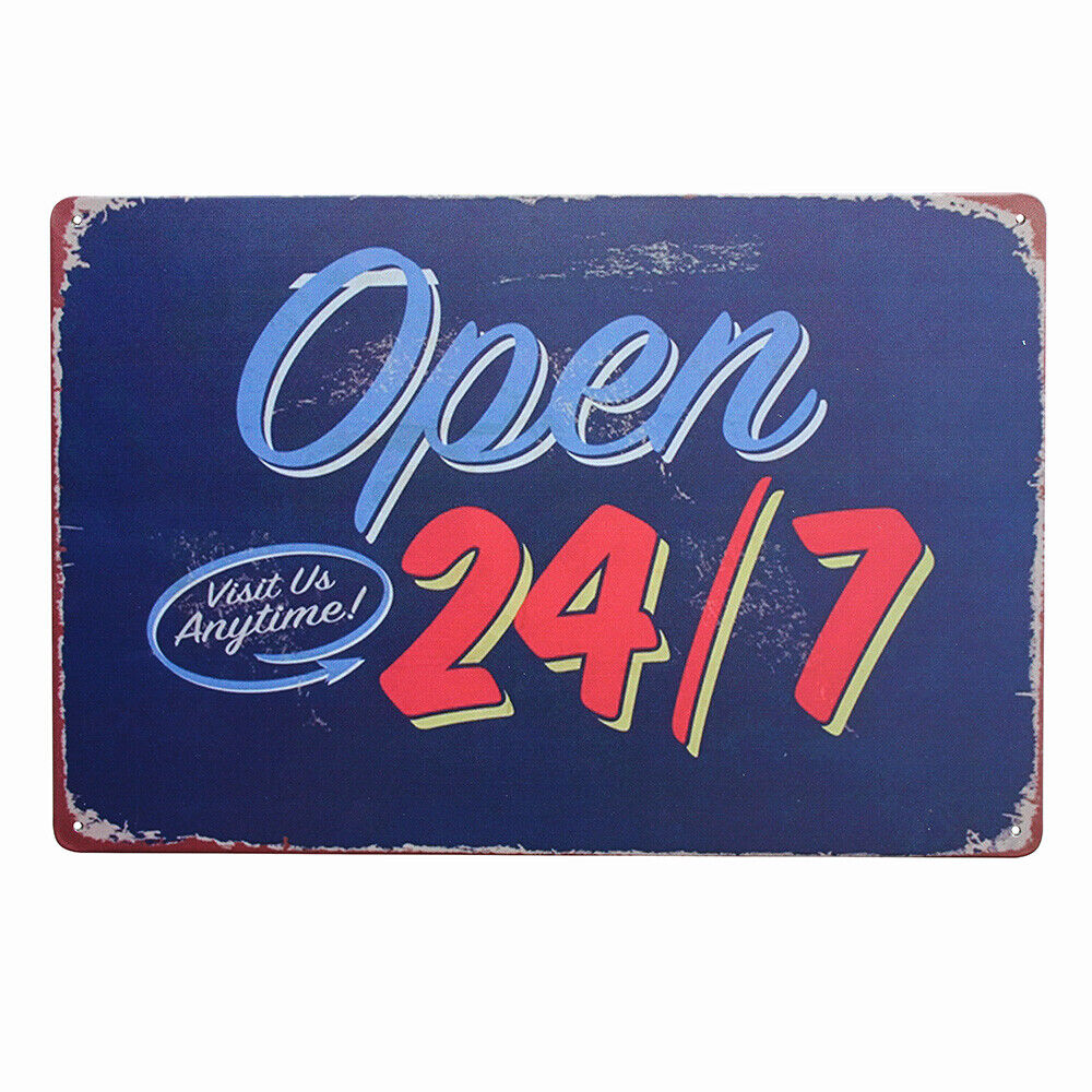 Tin Sign Open 24/7 Visit Us Anytime Metal Sign Vintage Tin 200x300mm Metal