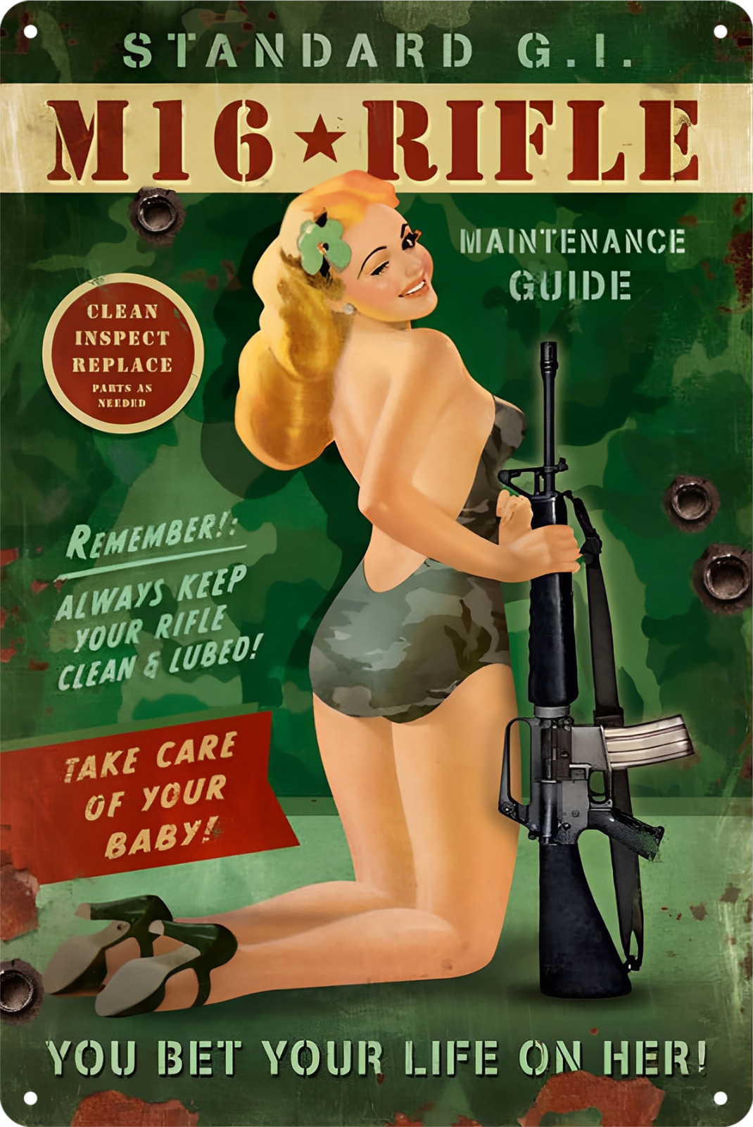 M16 Rifle Pip Up Sexy Girl You Bet Life On Her Tin Sign Retro 20x30cm