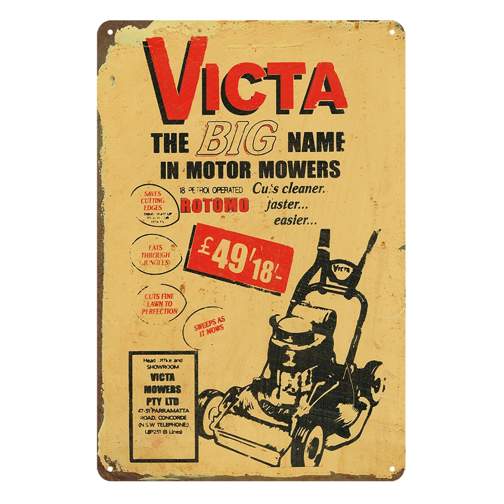 Victa Big Name Mowers Rustic Metal Sign Vintage Tin Shed Garage Bar