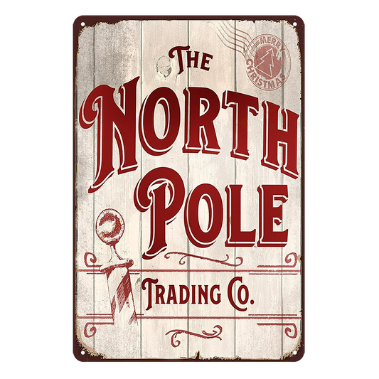 The North Pole Trading Merry Christmas Tin Metal Sign Rustic Look Vintage