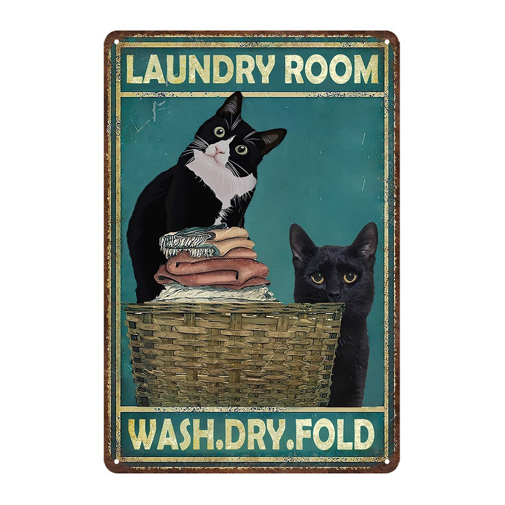 Laundry Room Wash Dry Fold Black Cats Tin Sign Vintage