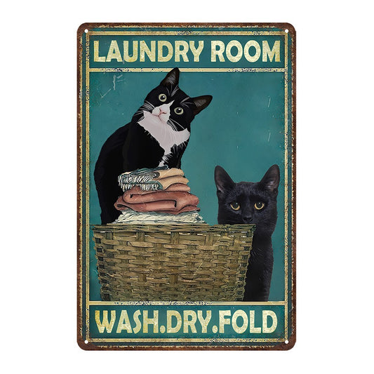 Laundry Room Wash Dry Fold Black Cats Tin Sign Vintage