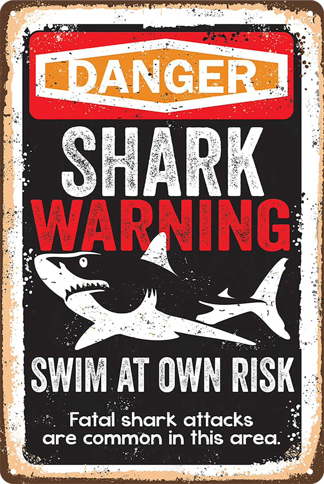 Danger Shark Warning Swim At Own Risk Rustic Look Vintage Retro 20x30cm