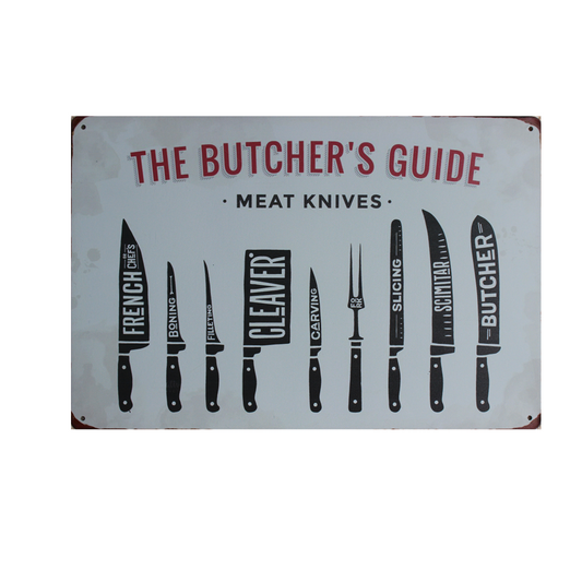Metal Tin Sign The Butcher's Guide Meat Knives?200x300mm Man Cave