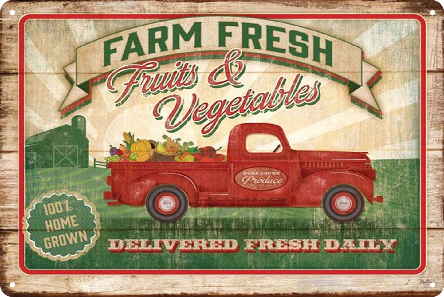 Farm Fresh Fruits & Vegetables Red Truck Tin Sign Rustic Vintage 20x30cm