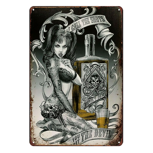 2x Devil's Dew Whiskey Tattoo Sexy Girl Pip-up Rustic Tin Sign Vintage Garage