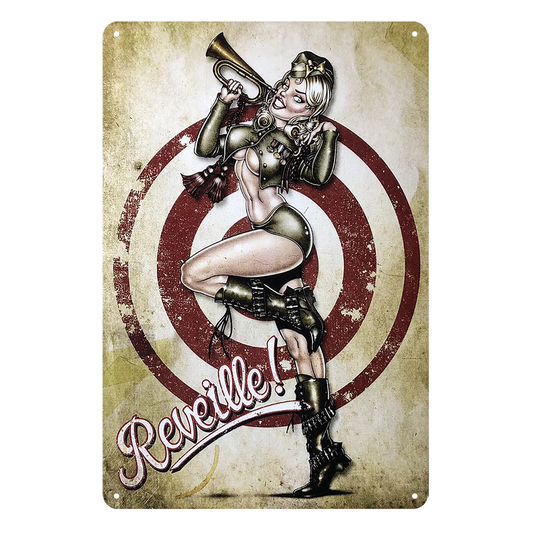 Pin Up Girl Sexy Reveille Rustic Metal Sign Vintage Tin Decorative Bar