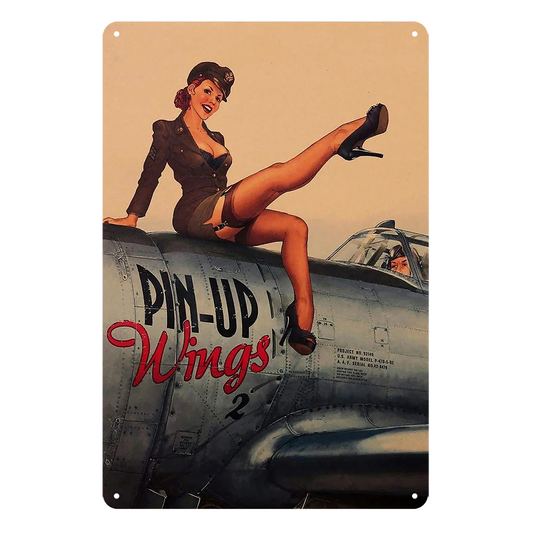 Pin Up Girl Wings Rustic Metal Sign Vintage Tin Decorative Bar