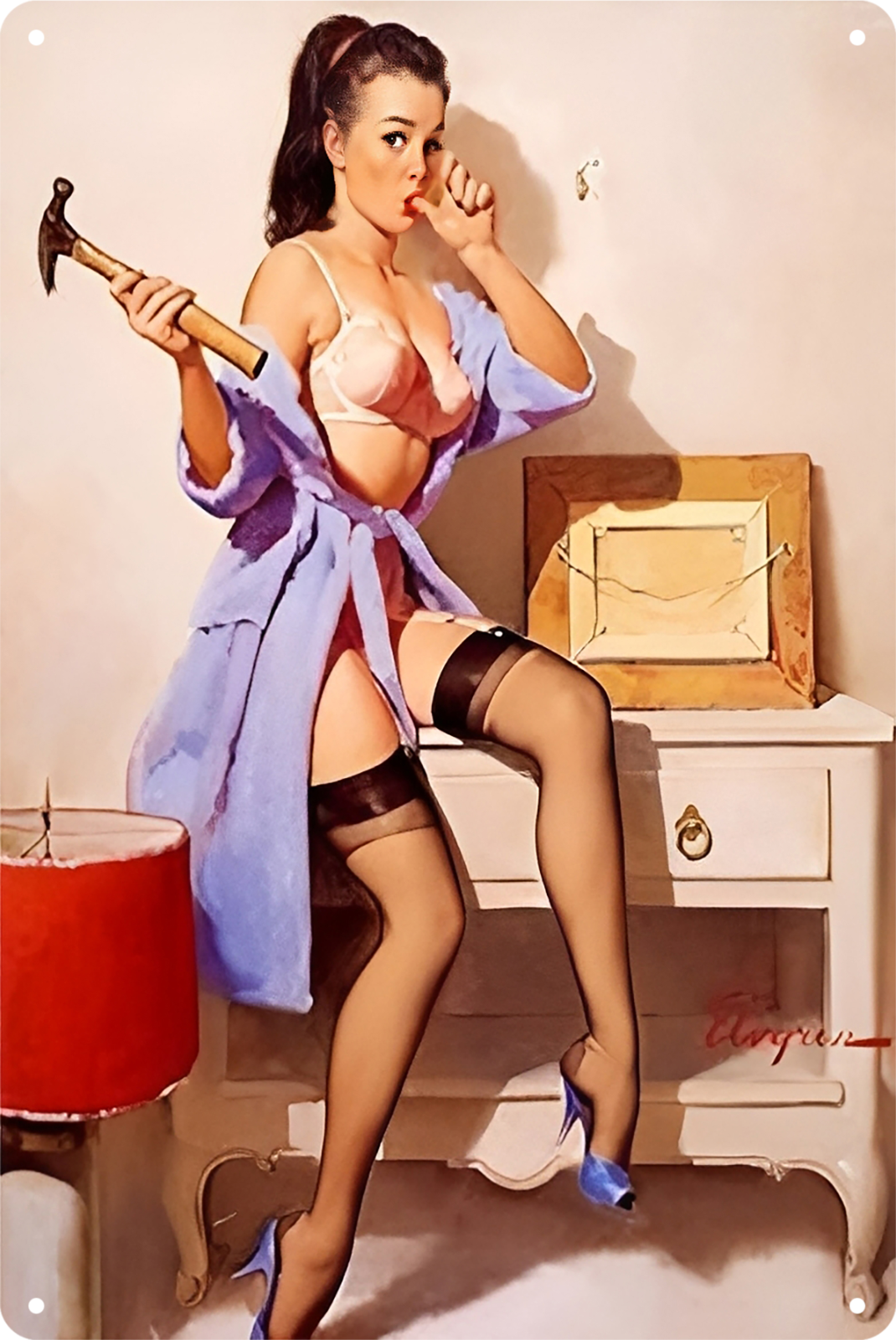 Sexy Pin-up Girl The Wrong Nail Gil Elvgren 1967 Tin Sign Rustic Retro 20x30cm