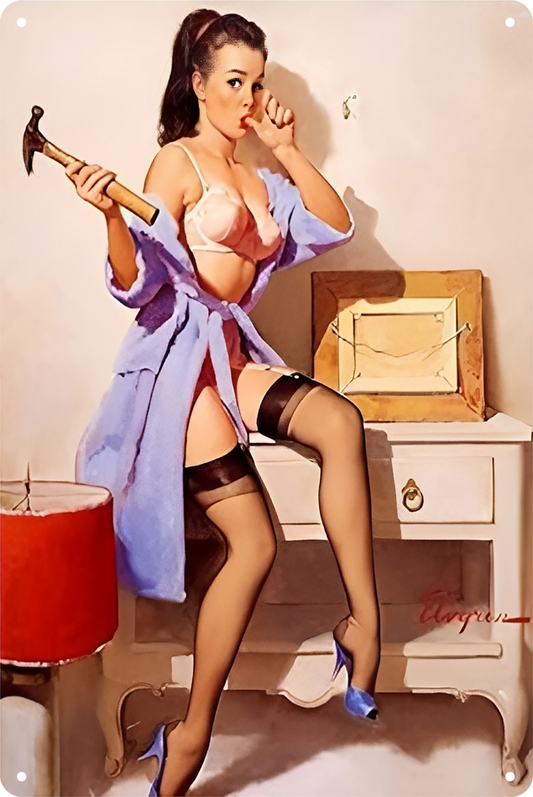 Sexy Pin-up Girl The Wrong Nail Gil Elvgren 1967 Tin Sign Rustic Retro 20x30cm