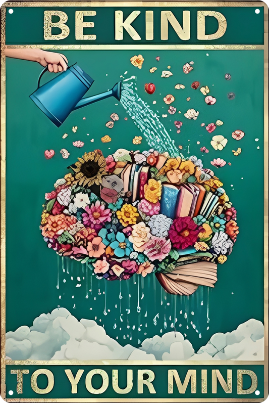 Be Kind To Your Mind Reading Books Flower Tin Sign Retro 20x30cm