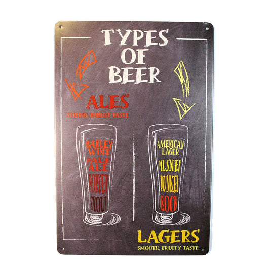 Tin Sign Type`s Of Beer Sprint Drink Bar Whisky Rustic Look