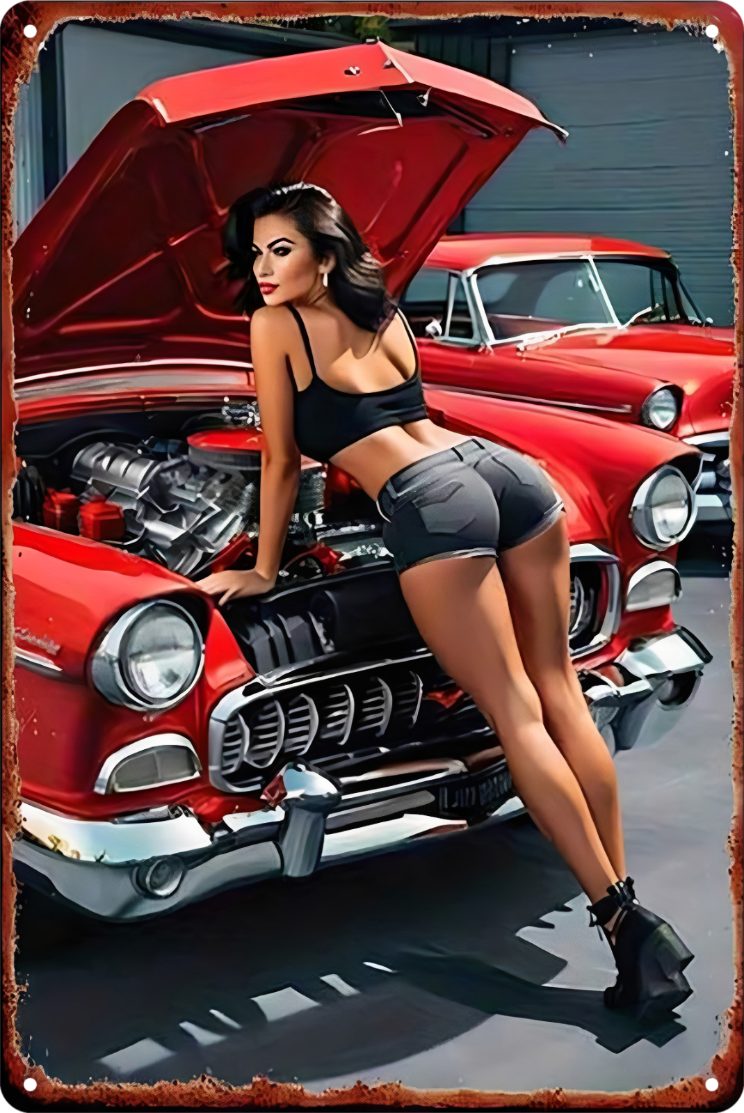 Pin Up Girl With Red Classic Car Sexy Lady Tin Sign Rustic Look  Retro 20x30cm