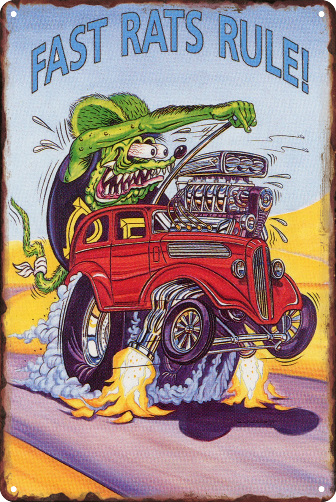 Fast Rats Rule! Rat Fink Red Car Hot Rod Tin Sign Rustic Look Retro 20x30cm
