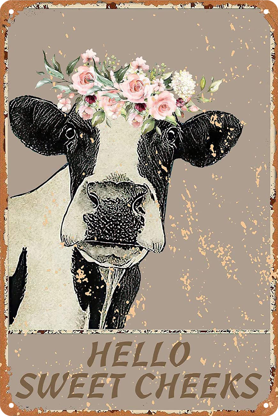 Hello Sweet Cheeks Cow Folwers Tin Sign Rustic Vintage Retro 20x30cm
