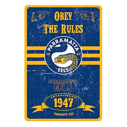 Parramatta Eels 1947 Obey The Rules Tin Metal Sign Rustic Look Vintage