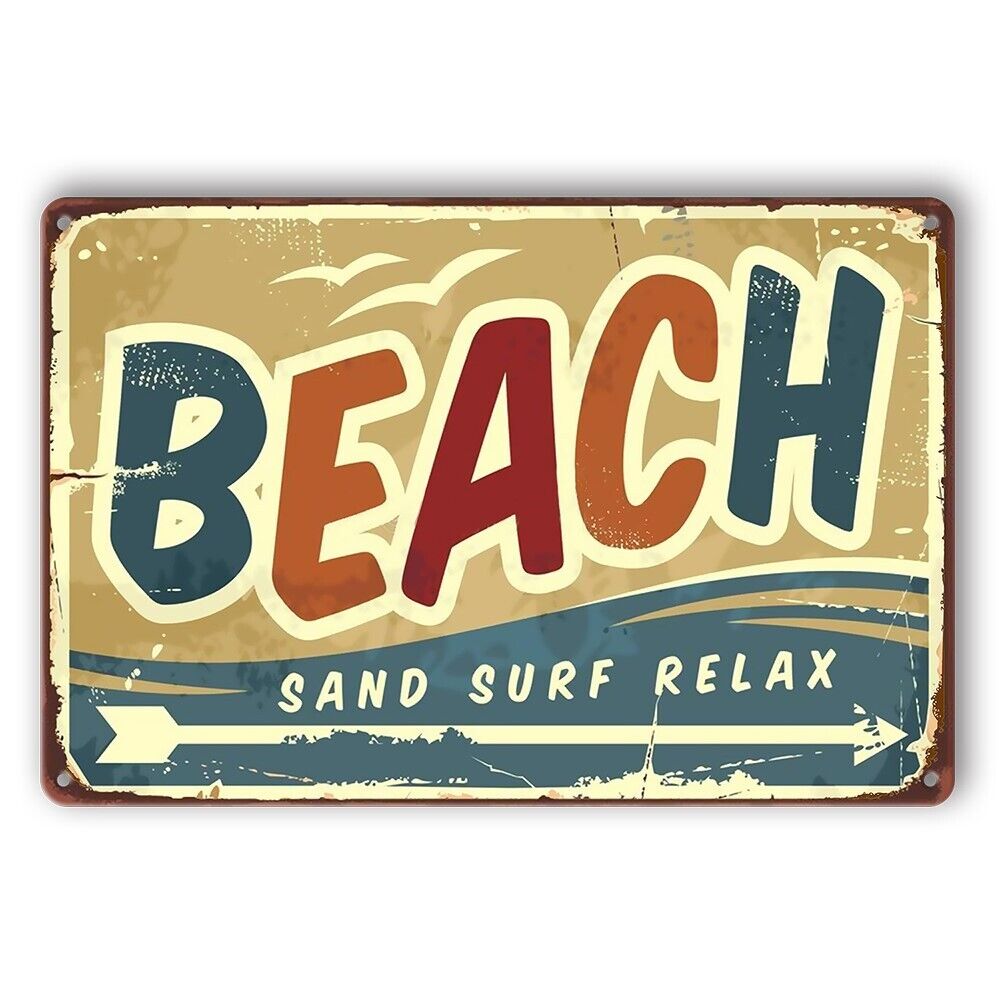 Tin Sign Beach Sand Surf Relax Arrow Rustic Look Decorative Wall